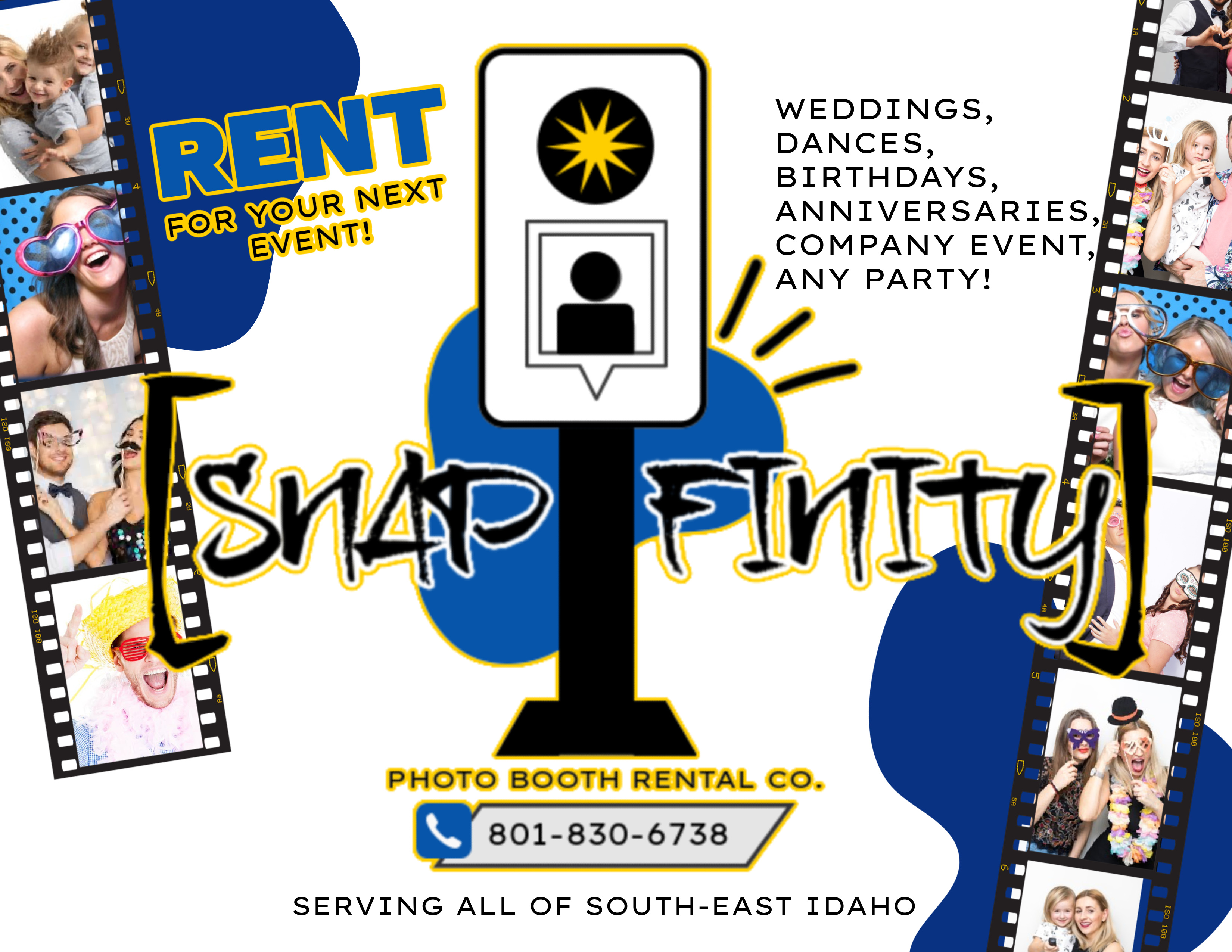 Snapfinity photo booth rental flyer featuring guests having fun with colorful party props